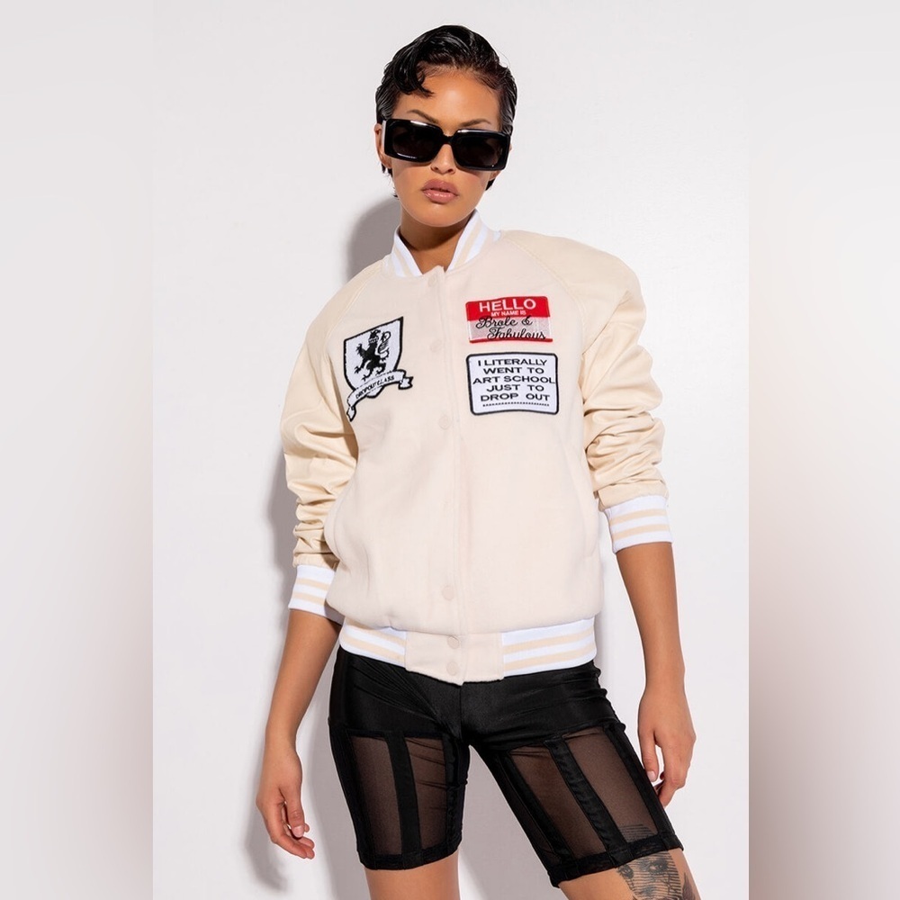 AKIRA Art School Varsity Jacket S Cream White Dropout Class Patches Indie Punk